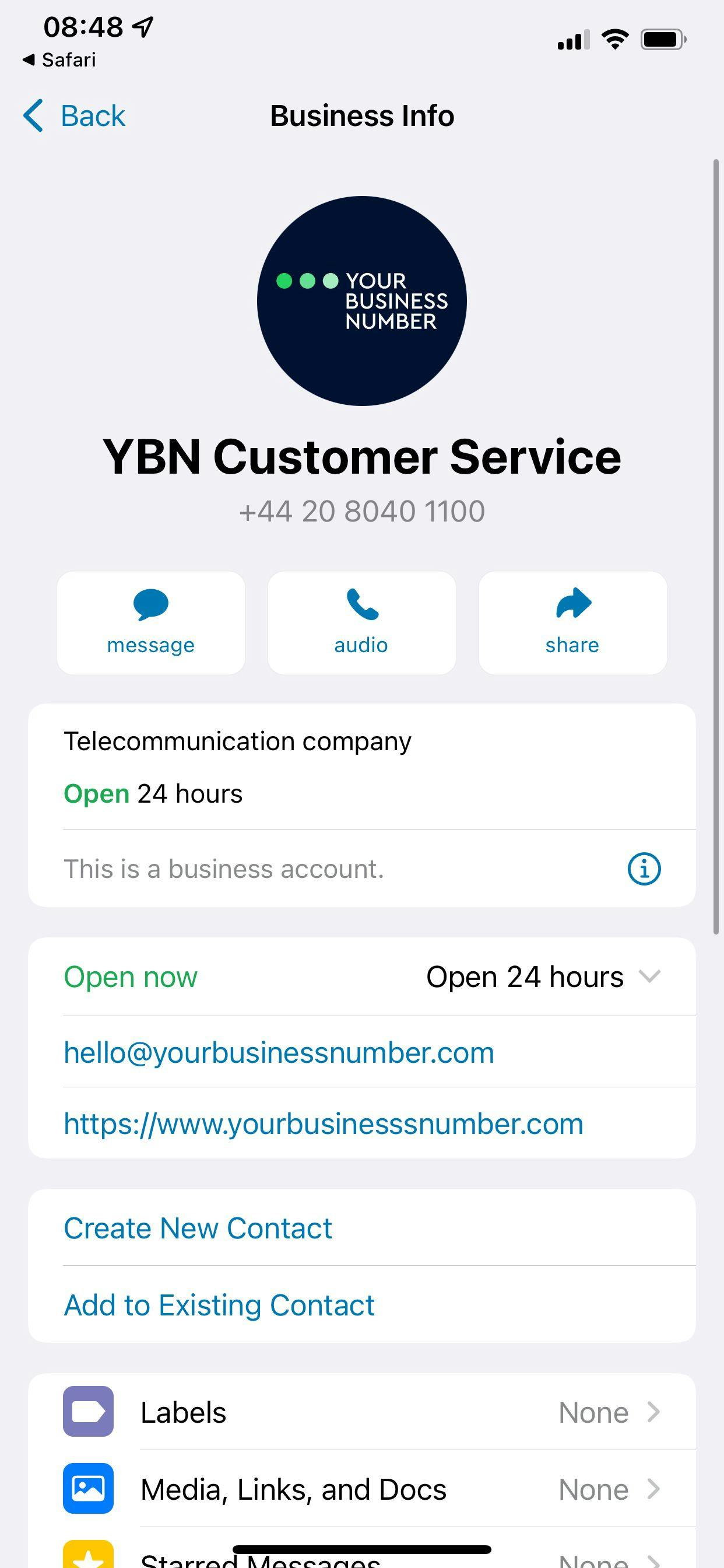 Screenshot of contact entry for customer service